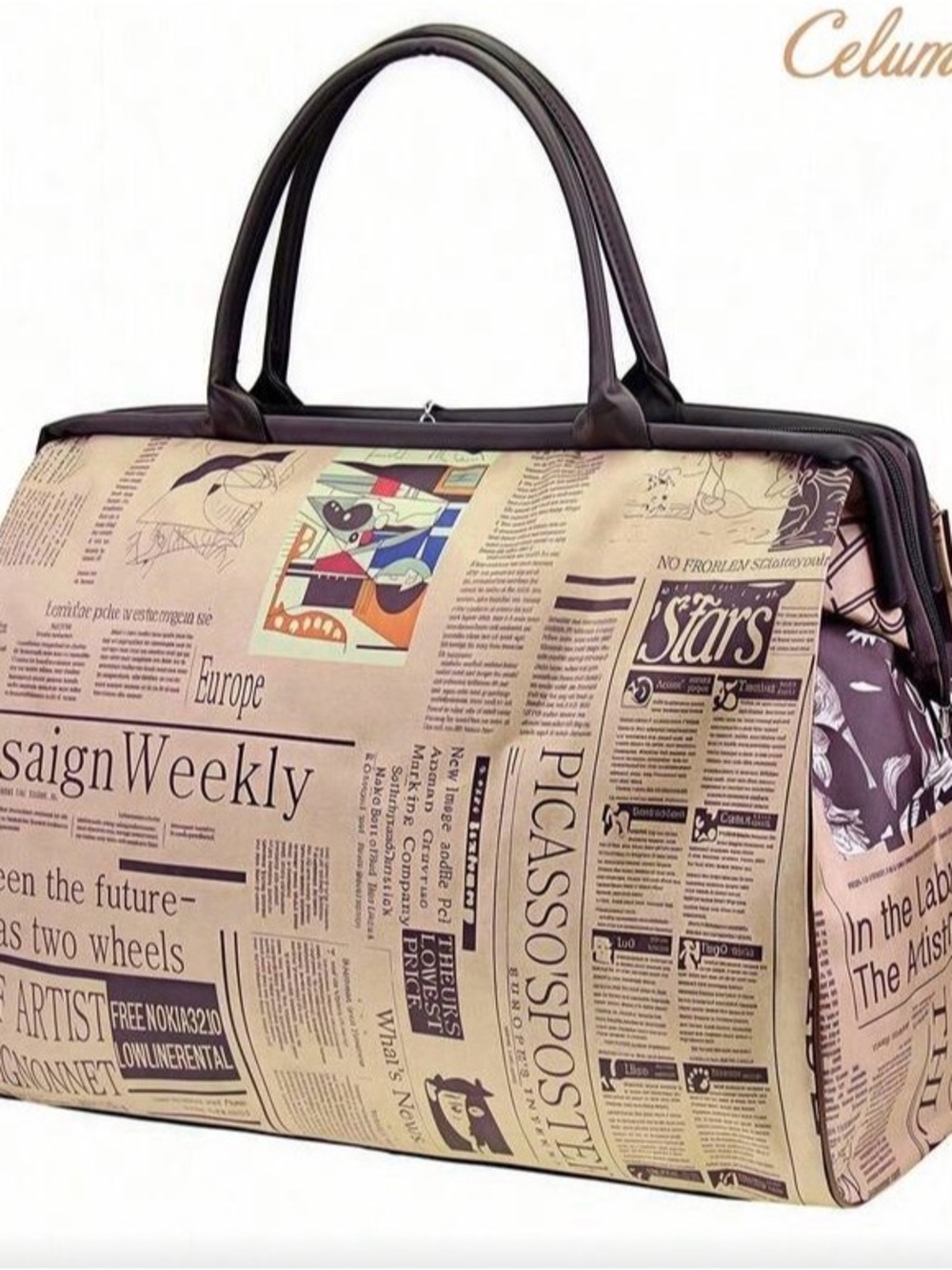 SHEIN Beige Newspaper-Print Duffel Bag with Dark Brown Handles